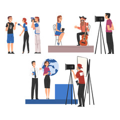 Fototapeta na wymiar Television Industry, Journalists Taking Interview and Cameramen Shooting with Video Camera Cartoon Style Vector Illustration