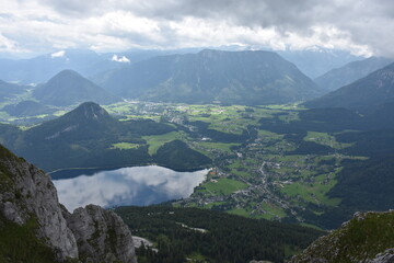 Panoramic aerial view of the mountains and lake around Altaussee in Salzkammergut, Austria, seen from top of the Loser mountain in Styria.