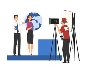 Television Industry, Presenters Broadcasting with Cameraman on Television, News, TV Show Studio Cartoon Style Vector Illustration