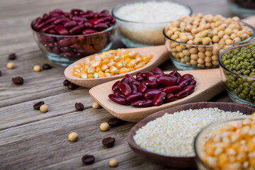 Grains Red bean in spoon wood background. Red bean or kidney beans in spoon
