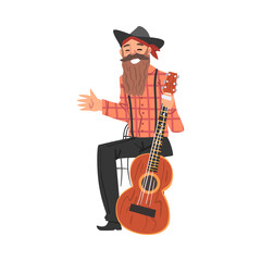 Smiling Musician Character with Guitar Giving Interview Cartoon Style Vector Illustration