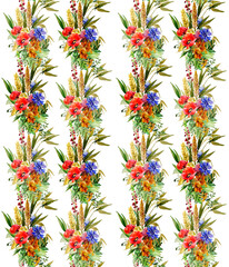 Watercolor seamless pattern of summer bouquet.image on white and colored background.