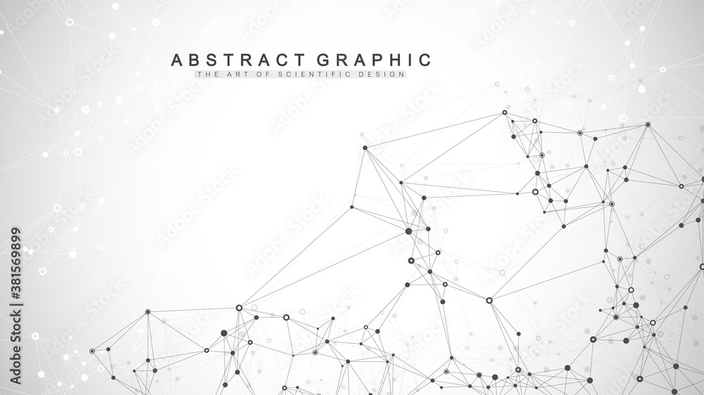 Poster Graphic abstract background communication. Big data visualization. Connected lines with dots. Social networking. Illusion of depth and perspective. Vector illustration.