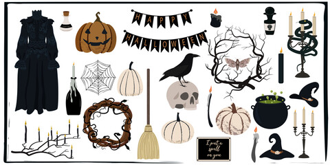 Big set of mystic Halloween vector illustration. Stylish gothic elements: witch hats, brooms, couldron, candles, potions, snakes, pumpkins, jack-o-lanterns,crow, scull, spider web, branches and other