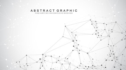 Graphic abstract background communication. Big data visualization. Connected lines with dots. Social networking. Illusion of depth and perspective. Vector illustration.
