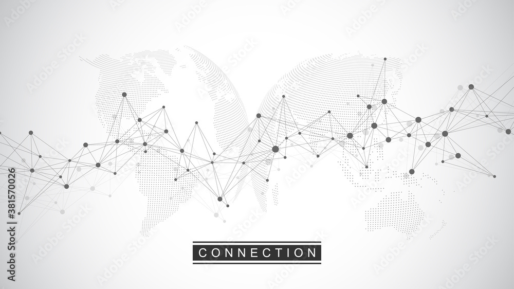 Poster Global network connection. Social network communication in the global business. World map point and line composition concept. Vector illustration.