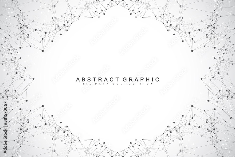 Poster Graphic abstract background communication. Big data visualization. Connected lines with dots. Social networking. Illusion of depth and perspective. Vector illustration.