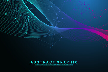 Big Genomic Data Visualization. DNA helix, DNA strand, DNA Test. CRISPR CAS9 - Genetic engineering. Molecule or atom, neurons. Abstract structure for Science or medical background, banner. Wave flow.