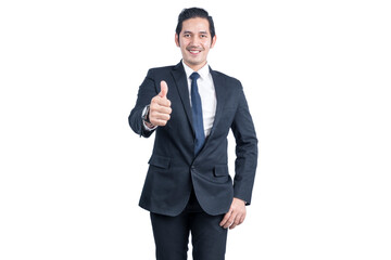 Asian businessman hands showing thumbs up gesture