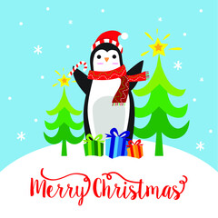 cute penguin with gift and merry christmas text