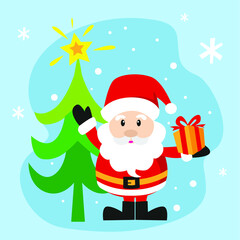 cute santa with gift and christmas tree
