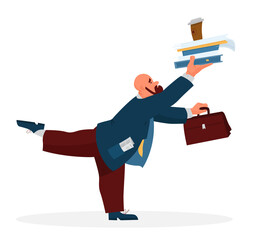 Vector Cartoon Illustration Of Funny Bold Bearded Businessman In Business Suit With Suitcase Balancing On One Foot With Pile Of Papers And Coffee Cup On Top. Isolated On White.