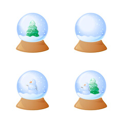 Set of snowball, snow globe with snowfall. Empty, snowman, fur-tree. Winter isolated illustration
