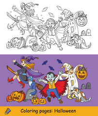 Fototapeta na wymiar Vector halloween coloring and colored example witch, vampire, ghost