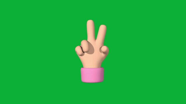 Emoji style peace out hand gesture animation isolated on chroma key green screen. Stylized victory 3D render in 4k.