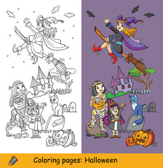 Vector coloring halloween illustration mummy and witch