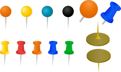 カラフルなピント画鋲・刺さった画鋲のイラストセット