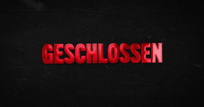 Geschlossen. Logo Intro. Gl&auml;nzendes Wort (rot) auf Hintergrund Schwarz. Promotion Text.