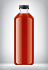 Plastic Bottle on background with Tomato Juice. 