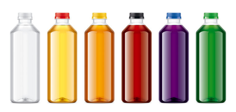 Set of Plastic Bottles with transparent drinks. 