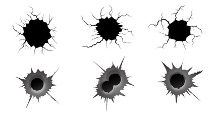 Bullet hole and ground cracks set. Metal single and double bullet hole, damage effect. Earthquake and ground cracks, craquelure and damaged wall texture. Vector illustrations for topics earthquake - obrazy, fototapety, plakaty