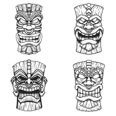 Sет of Illustrations of Tiki tribal wooden mask. Design element for logo, emblem, sign, poster, card, banner. Vector illustration