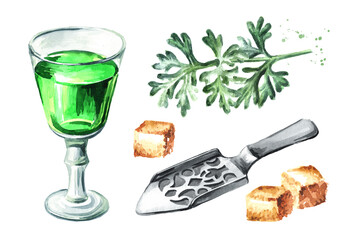 Alcoholic drink Absinthe in the glass shots, spoon, sugar and wormwood leaf. Wormwood tincture set. Hand drawn watercolor illustration isolated on white background - obrazy, fototapety, plakaty