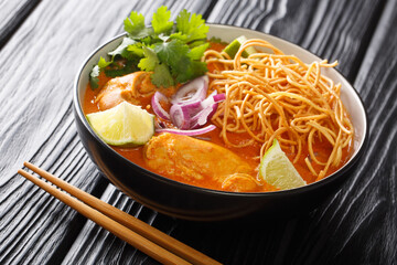 Tasty Khao soi, a noodle soup originating in Thailand, is loaded chicken, shallots, and garlic in a coconut milk-based broth closeup in the bowl. Horizontal