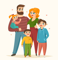 Happy family, full-length portrait of parents with their children, vector illustration