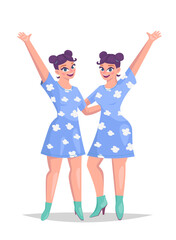 Twins sisters hugging, happy girls vector illustration