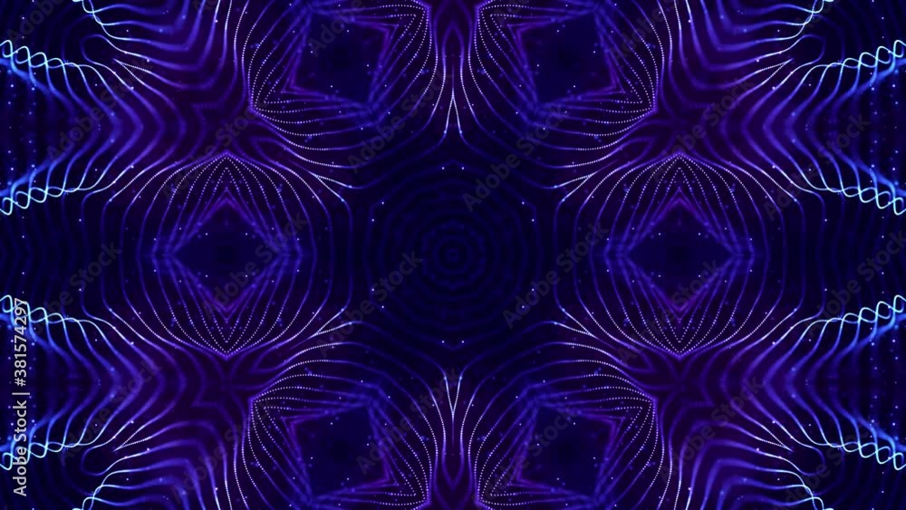 Poster 4k looped sci-fi 3d background with glow blue particles form lines, surfaces, complex symmetrical st