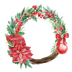 Christmas wreath of leaves and branches, holly berries, poinsettia, gifts on an isolated background, watercolor drawing