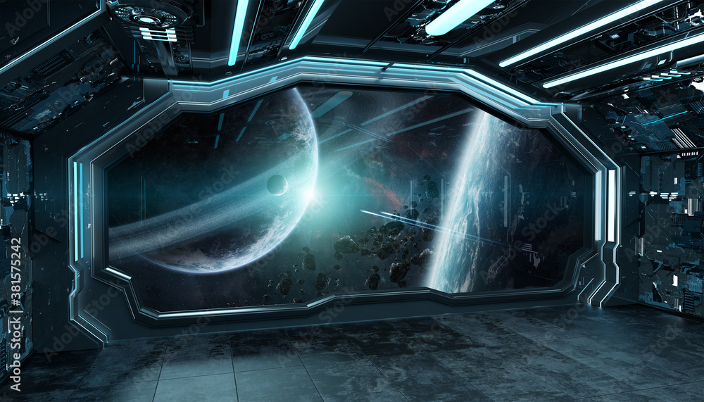 Aufkleber Dark blue spaceship futuristic interior with window view on space and planets 3d rendering