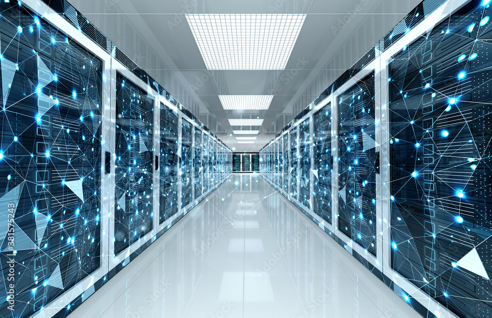 Aufkleber Connection network in servers data center room storage systems 3D rendering