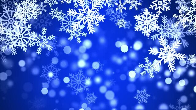 Abstract sharp and blurred particles swarming blue snowflake snow loop background. merry christmas, Holiday, winter, New Year, snowflake, snow, festive, snow flakes,