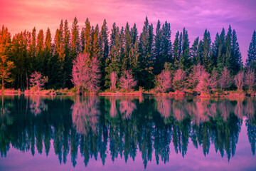 Natural panoramic lakeside nature background, beautiful twilight sunset, blurred meadow wind. Cool weather in the viewpoint or tourist attraction