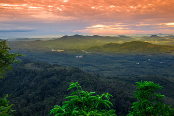 Natural panoramic lakeside nature background, beautiful twilight sunset, blurred meadow wind. Cool weather in the viewpoint or tourist attraction