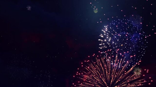 Fireworks in Sky Diwali Festival of lights happiness. fire crackers Explosion Loop Background. Happy Birthday, Wedding, Anniversary, New Year, Confetti, Christmas, Festival, Party, Carnival, Greeting.