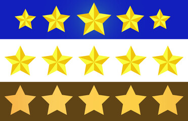 Five golden realistic stars.. Customer feedback concept. Vector 5 stars rating review. Quality shape design
