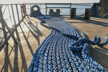 View of mooring ropes on forecastle deck of cargo ship