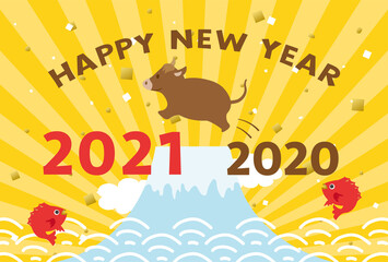 2021年丑年　ジャンプする牛の年賀状テンプレート