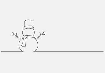 Continuous line vector illustration drawing of Snowman, Concept of Christmas. Holiday, New year