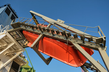 View of free fall life boat on board of bulk carrier