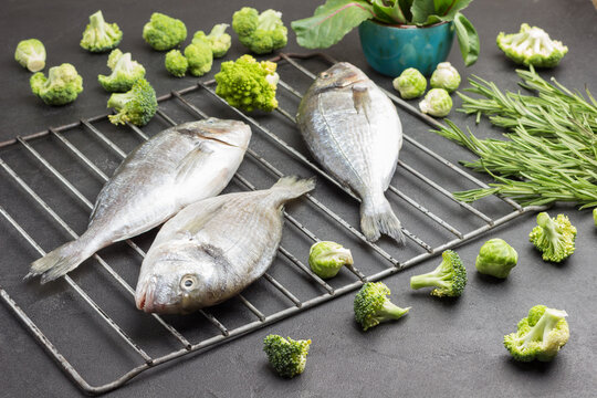 Raw dorado fish on metal grill grate with brussels sprouts, romanescu cabbage