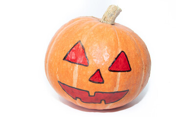 Pumpkin isolated background with copy space . Pumpkin with a snout. Pumpkin banner . Autumn vegetable. Halloween. Orange pumpkin. Harvest. Food.