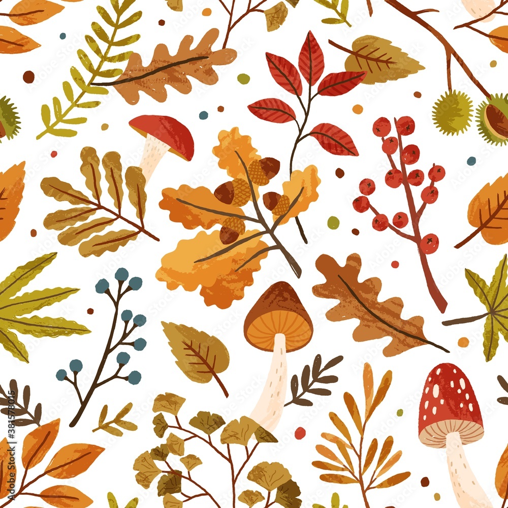 Poster Seamless pattern with autumn leaves and tree branches. Repeatable background with fall mushrooms, chestnut, berries, acorn and foliage. Flat vector illustration of beautiful aspen, and oak leaf