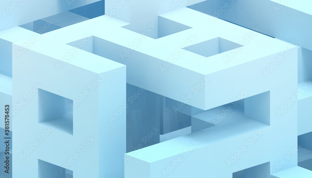 Poster abstract geometric shape cube - box concept on blue paper art style background - 3d rendering