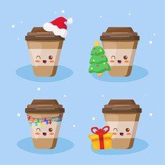 Kawaii Coffee Christmas festive collection. Cute funny cartoon characters illustration. Vector Xmas & New Year food set. Cafe seasonal promotion, sale, card, poster, print. Coffee To Go decorations.