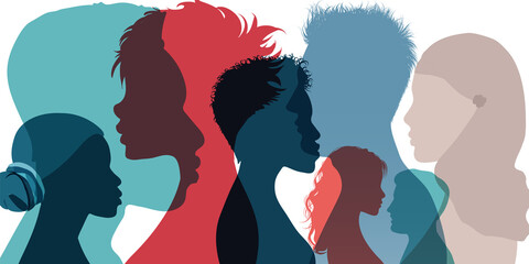 Racial equality and anti-racism. Silhouette profile group of men women and girl of diverse culture. Diversity multi-ethnic and multiracial people. Multicultural society. Friendship - obrazy, fototapety, plakaty