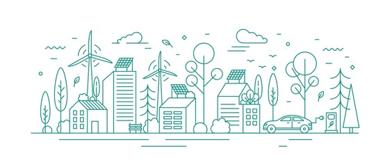 Modern environmentally friendly city with ecological infrastructure, electrical car charger, solar panel and windmill. Monochrome vector line art illustration of eco cityscape with alternative energy - obrazy, fototapety, plakaty